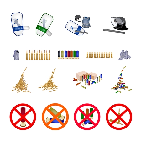 Bullets, Shotgun Shells, Tear Gas Grenade, Police Shield with No Signs or Forbidden Signs of Concept of Non-violence Isolated on White Background.のイラスト素材
