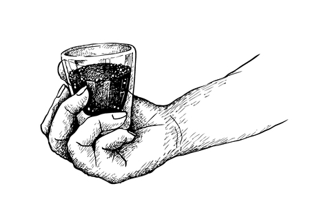 Coffee Time, Illustration Hand Drawn Sketch of Hand Holding A Shot of Espresso Isolated on White Background.のイラスト素材