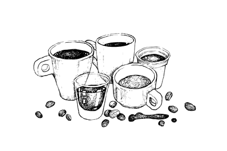 Illustration Hand Drawn Sketch of A Group of Coffee Cup, Mug, Shot Glass and Takeaway Coffee Isolated on White Background.のイラスト素材