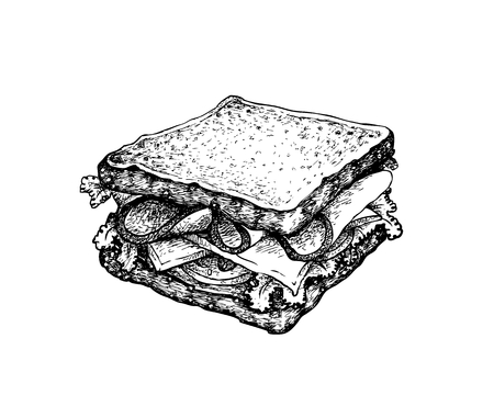 Illustration Hand Drawn Sketch of Delicious Homemade Freshly Ham Sandwich with Ham, Tomatoes, Lettuce and Cheese Isolated on White Background.のイラスト素材