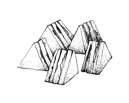 Illustration Hand Drawn Sketch of Delicious Homemade Freshly Club Sandwiches or Clubhouse Sandwiches Isolated on White Background.のイラスト素材