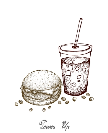 Power Up, Illustration Hand Drawn Sketch of Delicious Pork Burgery with Lettuce, Tomato, Onions and Cheese on Wheat Buns and Iced Coffee or Iced Tea.のイラスト素材
