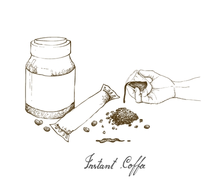 Illustration Hand Drawn Sketch of Hand Holding Shot Glass with Instant Coffee or Coffee Powder Isolated on White Background.のイラスト素材