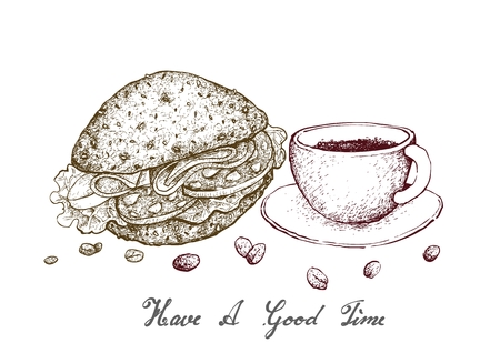 Have A Good Time, Illustration Hand Drawn Sketch of A Cup of Coffee with Hamburger Isolated on White Background.のイラスト素材