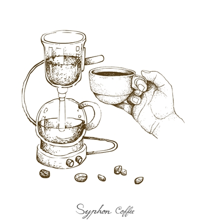 Illustration Hand Drawn Sketch of Vacuum Coffee Maker or Syphon Coffeemaker Isolated on White Background. An Appliance Used to Brew Coffee.のイラスト素材