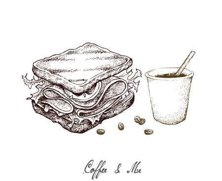 Coffee & Me, Illustration Hand Drawn Sketch of Takeaway Coffee in A Disposable Cup with Grilled Sandwich Isolated on White Background.のイラスト素材