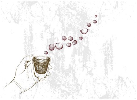 Coffee Time, Illustration Hand Drawn Sketch of Hand Holding A Shot of Espresso with Assorted Roasted Coffee Beans.のイラスト素材