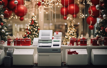 During the festive period, checkout counters become lively hubs, brimming with holiday shoppers, excitement, and the joyous anticipation of seasonal celebrations.AI Generatedの素材