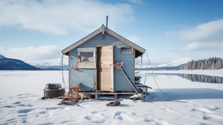 An ice fishing hut, surrounded by pristine snow, stands on a frozen lake, creating a tranquil winter scene for avid anglers to enjoy their frozen pursuit.AI Generatedの素材