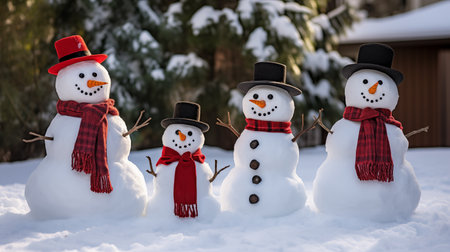 Adorable snowman family brings whimsy to the winter festival, standing tall in the midst of joyous festivities, spreading warmth in the cold, enchanting atmosphere.AI Generatedの素材