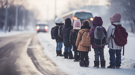 In the brisk morning air, children patiently wait for the school bus, bundled up against the cold, their breath visible in the anticipation of another day's adventure.AI Generatedの素材
