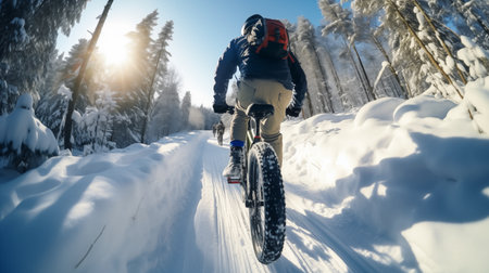 Embark on exhilarating cycling adventures through the enchanting snowy trails, where the crisp air and winter landscapes create a breathtaking backdrop for exploration and joyous rの素材
