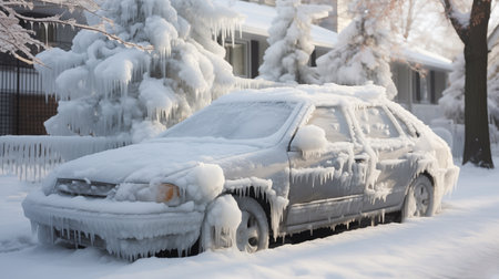 After the snowstorm, a car emerges covered in a glistening layer of ice, reflecting the frigid beauty of winter in its frosty embrace.AI Generatedの素材