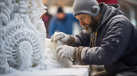 Ice sculptor competition unfolds as skilled artists transform frozen blocks into stunning masterpieces, showcasing creativity, precision, and the ephemeral beauty of sculpted ice.Aの素材