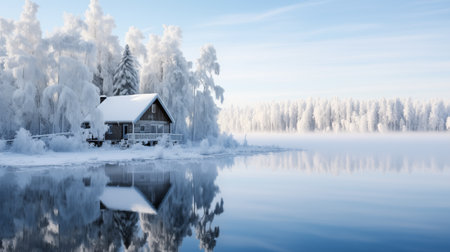 once tranquil seaside cottage succumbs to a winter curse, as the quiet surroundings transform into a snowy landscape, shrouding the coastal retreat in a cold spell.AI Generatedの素材