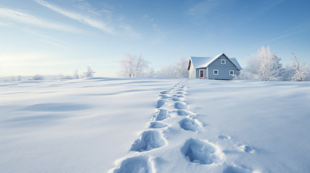 Snow-laden footprints trace a path to a warm house, telling a winter tale of homely comfort, inviting warmth, and the journey through a serene snowy landscape..AI Generatedの素材