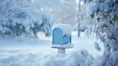 Under winter's blanket, mailboxes stand adorned, patiently receiving nature's snowy embrace, creating a picturesque scene of seasonal charm in a tranquil neighborhood.AI Generatedの素材