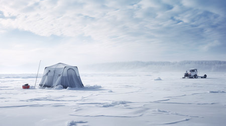 Amidst the snowy lake floor, a fisherman's fishing camp stands, creating a cozy retreat where winter anglers gather to enjoy the frozen beauty of nature.AI Generatedの素材
