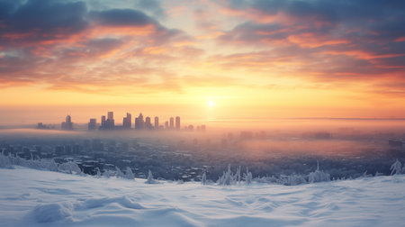 In the winter season, the cityscape is bathed in the gentle morning light of the rising sun, creating a serene and enchanting urban winter scene.AI Generatedの素材