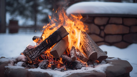 In the winter's embrace, a lively bonfire crackles, casting a warm, inviting glow. Its dancing flames defy the cold, creating a cozy haven amidst the wintry landscape.AI Generatedの素材