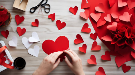 Hands creating DIY crafts, spreading love on Valentine's Day.AI Generatedの素材