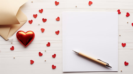 top view White paper, messages, roses, gifts Valentine's Day .AI Generatedの素材