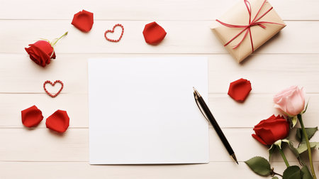 top view White paper, messages, roses, gifts Valentine's Day .AI Generatedの素材