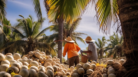 Workers on Thai coconut farms cultivate and harvest.AI Generatedの素材