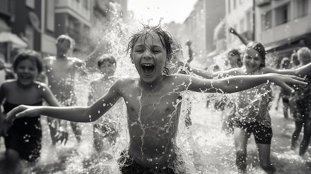 Youngsters delight in playful water play. Enjoyment abounds.AI Generatedの素材
