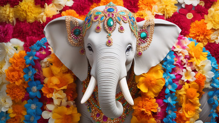 Majestic elephants adorned in colorful blessings grace us.AI Generatedの素材