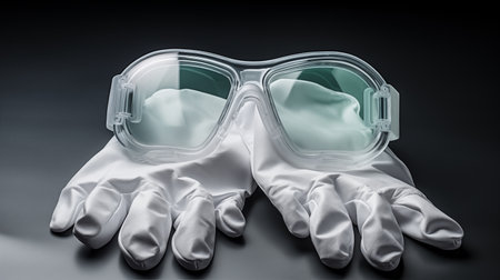 Wearing gloves and goggles as part of personal protective equipment ensures safety and minimizes the risk of exposure to hazards.AI Generatedの素材