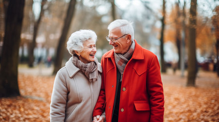 elderly couple shares a heartwarming moment in the park, holding hands and smiling, their love evident in the serene surroundings.AI Generatedの素材