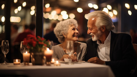 senior couple cherishes a romantic dinner at an elegant restaurant, savoring each moment of fine dining and the warmth of their love.AI Generatedの素材