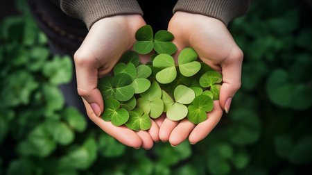close-up of hands holding St. Patrick's Day shamrocks, capturing the festive spirit and traditional symbolism of the holiday celebration.AI Generatedの素材