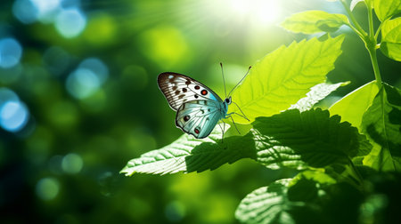 butterfly rests on a fresh green leaf, symbolizing renewal, growth, and the beauty of transformation in nature's perpetual cycle.AI Generatedの素材