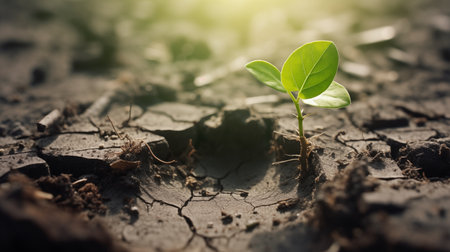 green tree shoot emerges from cracked earth, symbolizing renewal and the resilience of life in adversity, heralding the arrival of hope and growth.AI Generatedの素材