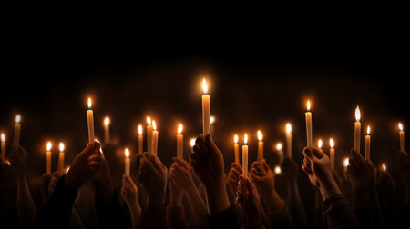 In a candlelight ceremony, people hold candles, illuminating the space with warm, flickering light, creating a serene and intimate atmosphere.AI Generatedの素材