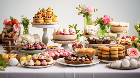 Tables brimming with delectable sweets for festive gatherings, offering a delightful array of treats to celebrate the joyous occasion.AI Generatedの素材