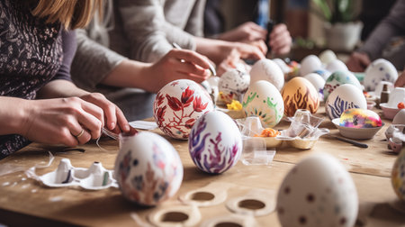 Participants gather for an interactive egg decorating workshop, learning techniques and sharing creativity in preparation for Easter celebrations.AI Generatedの素材