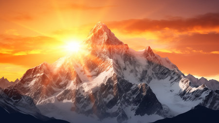 Easter morning on the mountain: The sunrise casts its glow, illuminating the majestic peaks, creating a breathtaking and awe-inspiring sight.AI Generatedの素材