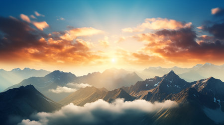 The peaks of many mountains shimmered. As the sunlight reflects off the fog Light up the sky.AI Generatedの素材