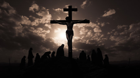 Person crucified on cross, depicting scene of crucifixion.AI Generatedの素材