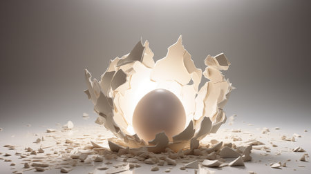 Eggshell cracking open, symbolizing rebirth as it reveals new life emerging, a poignant representation of renewal and transformation.AI Generatedの素材