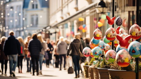 Streets alive with Easter celebrations, buzzing with festive atmosphere, as people gather to rejoice in the season's festivities.AI Generatedの素材