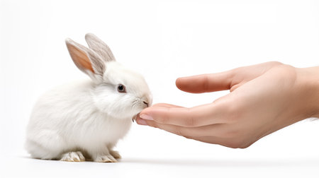 Touching the rabbit with fingertips symbolizes the cherished life and connection shared with the beloved pet, evoking feelings of love and care.AI Generatedの素材