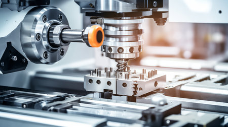 Close-up view reveals intricate details of precision machinery, highlighting its advanced engineering and meticulous craftsmanship in operation and production processes.AI Generateの素材