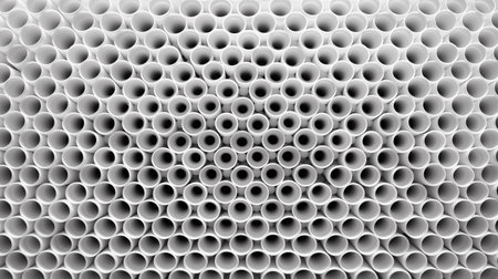 Image depicts a circle composed of numerous white pipes, forming an abstract pattern against a background, showcasing industrial or architectural elements.AI Generatedの素材