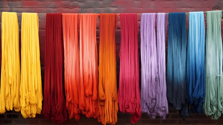 Vibrantly dyed fabric hung to dry on a regular clothesline, showcasing multiple colors and left to dry under the ordinary sun.AI Generatedの素材