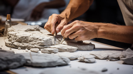 Archaeologists meticulously examining layers of stone and ancient artifacts, delving into the past to unravel the mysteries of antiquity and uncover insights into ancient civilizatの素材