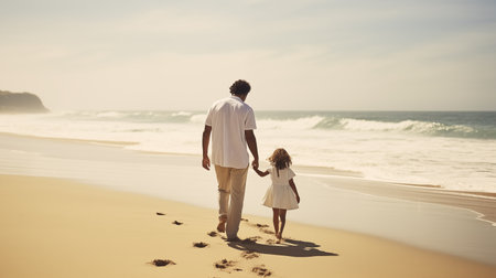 Dad and daughter walk along the beach together, enjoying the seaside, creating cherished memories as a under the sun.AI Generatedの素材